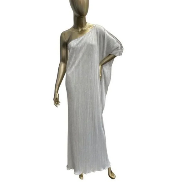 Grecian One Shoulder Silver Plisse Maxi Evening Gown Dress - Picture 1 of 8
